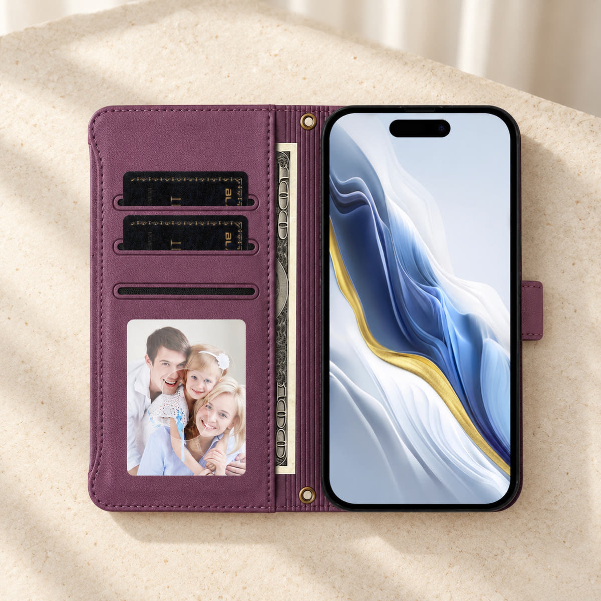 Open Velora Zip wallet case in Plum with three card slots, a photo window, notes sleeve and phone compartment.