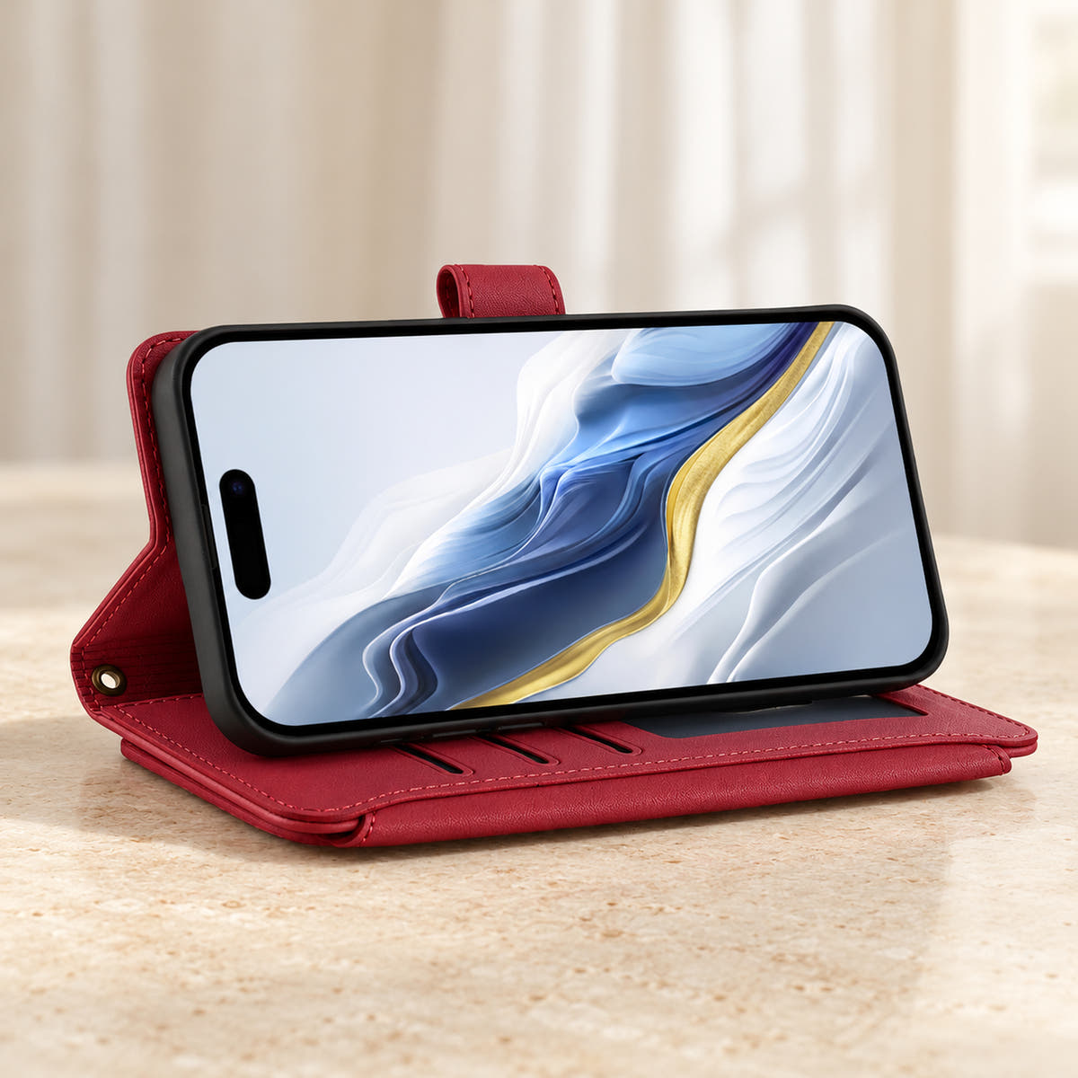 Velora Zip wallet case in Red folded into a landscape viewing stand on cream limestone.