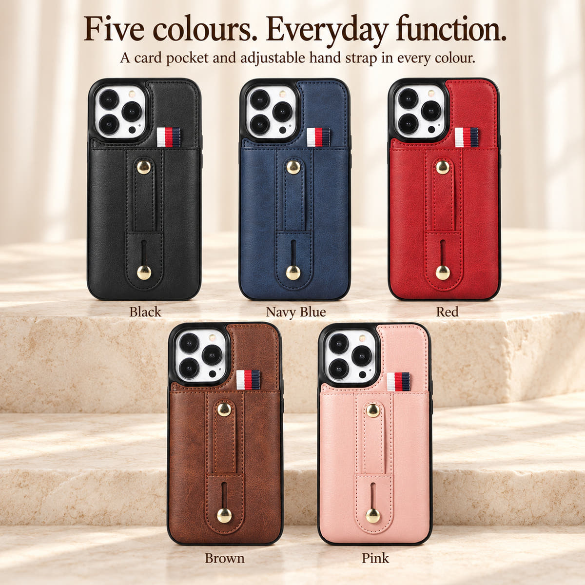 iPhone wallet case colour guide showing Black, Navy Blue, Red, Brown and Pink