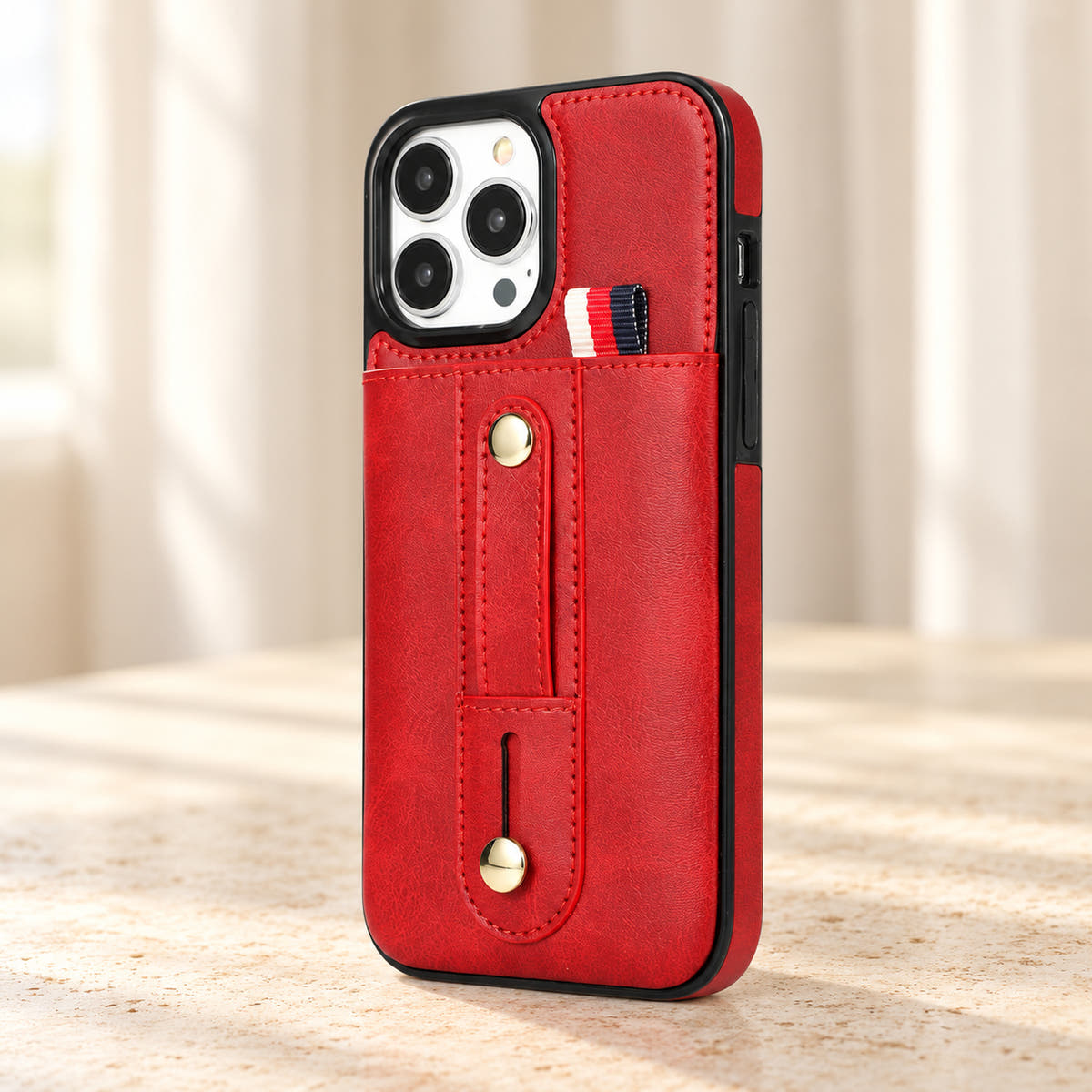 Red iPhone wallet case with card pocket and adjustable hand strap, detail