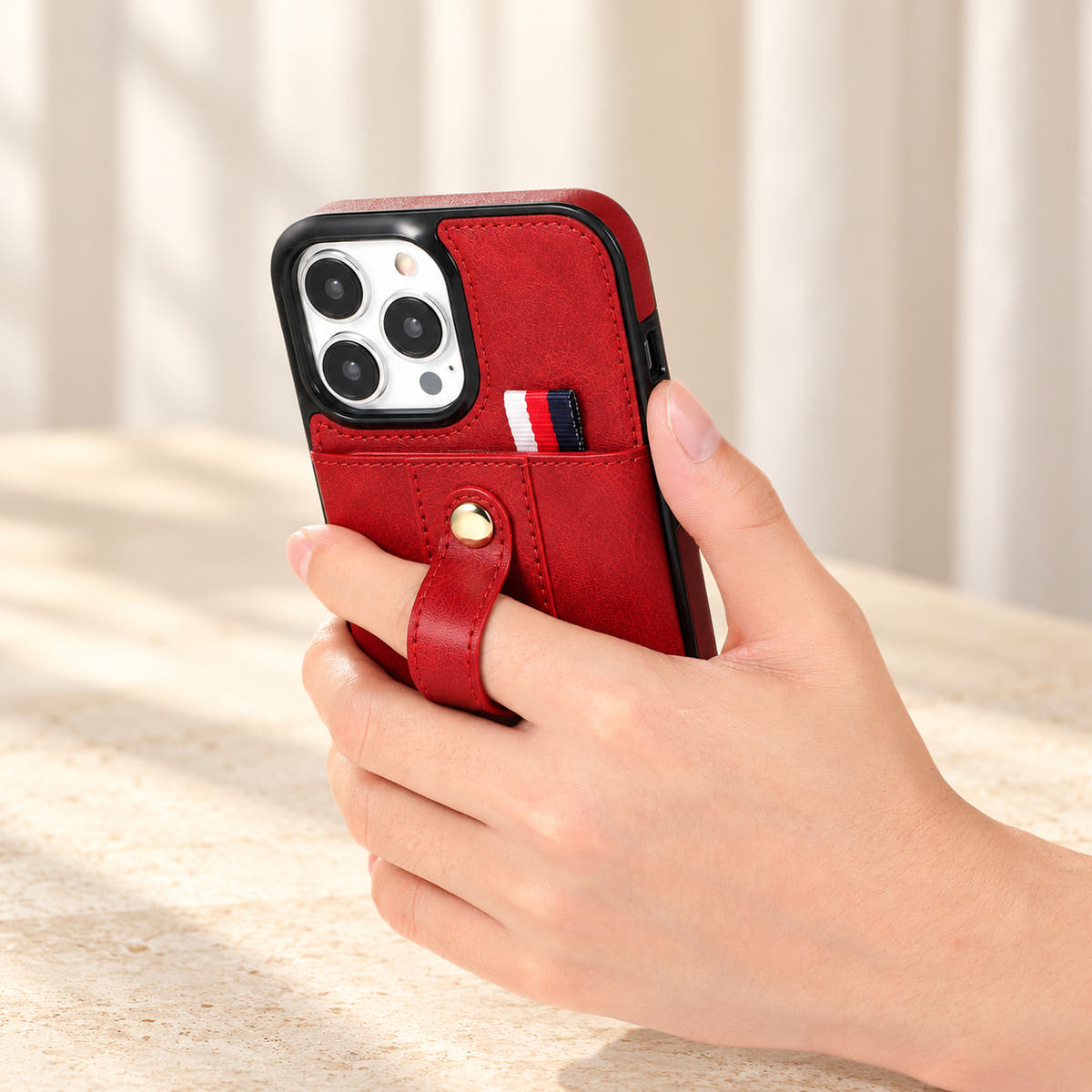Red iPhone wallet case with card pocket and adjustable hand strap, handgrip
