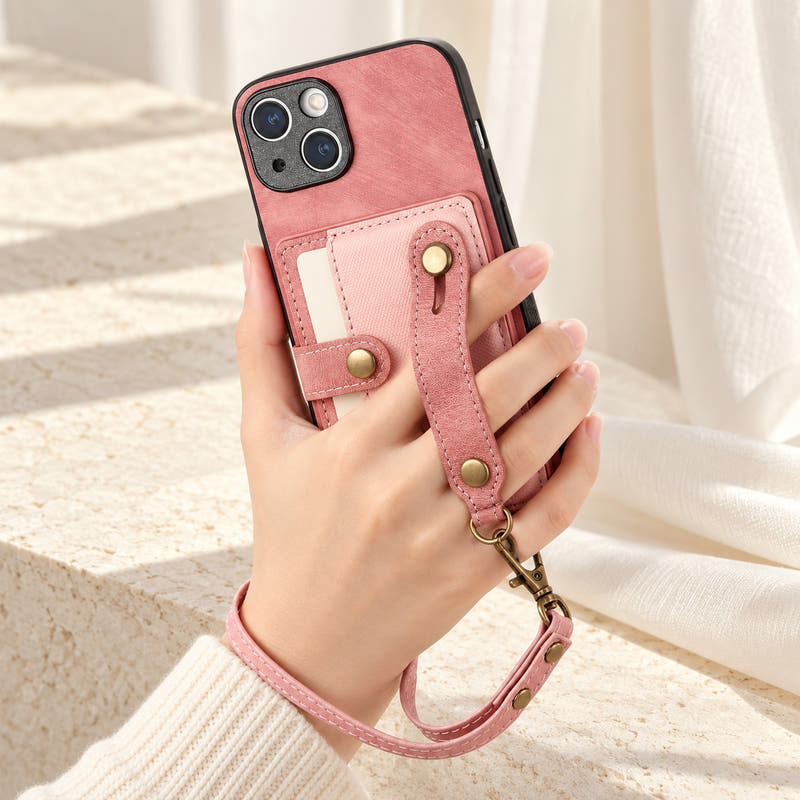 iPhone card holder case in Pink, held upright with rear grip strap and matching wrist loop