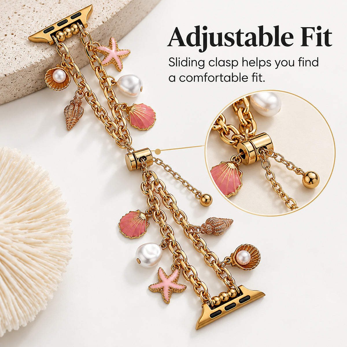 Close-up of adjustable sliding clasp on Mariselle ocean-charm Apple Watch bracelet