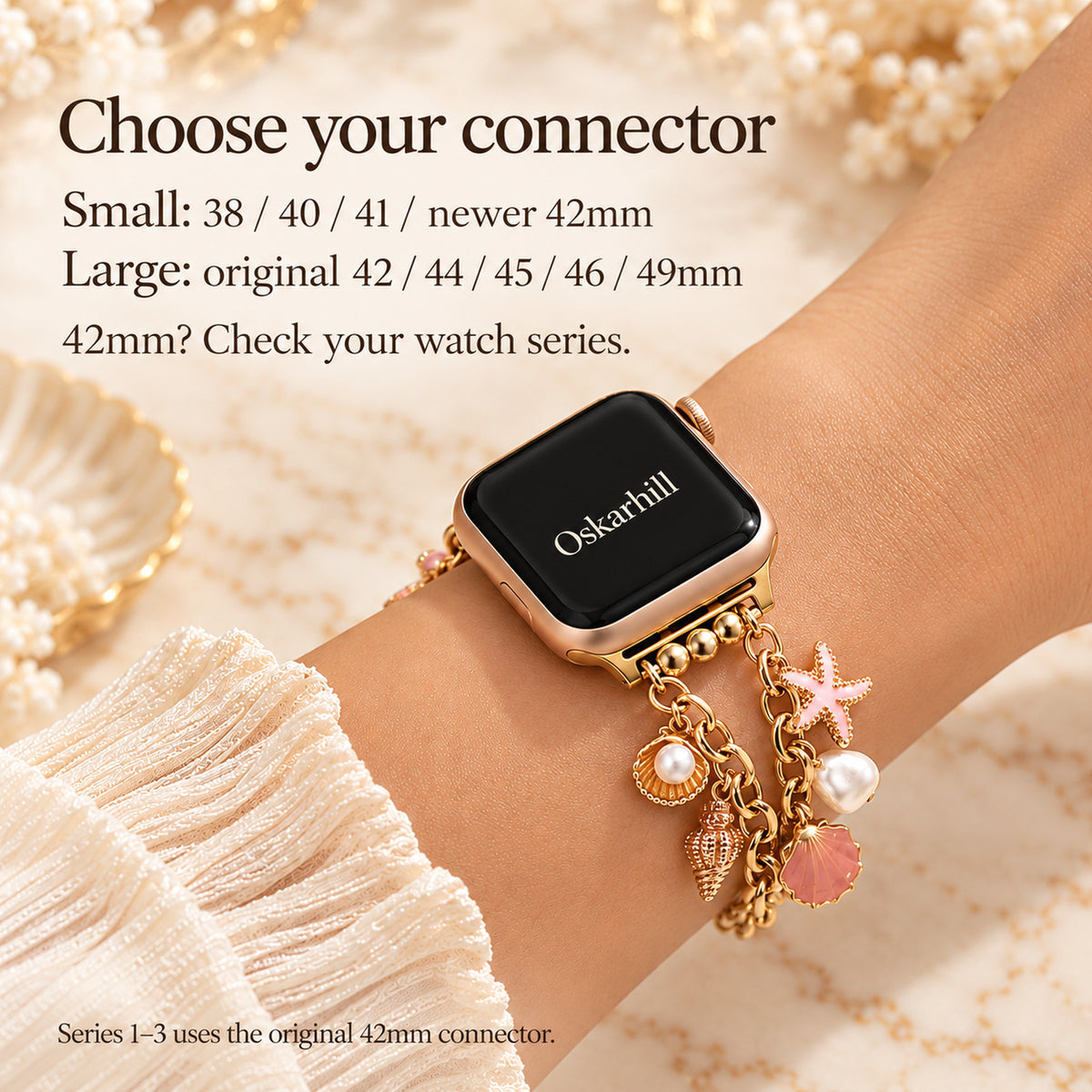Mariselle Apple Watch connector-size guide distinguishing original and newer 42mm cases