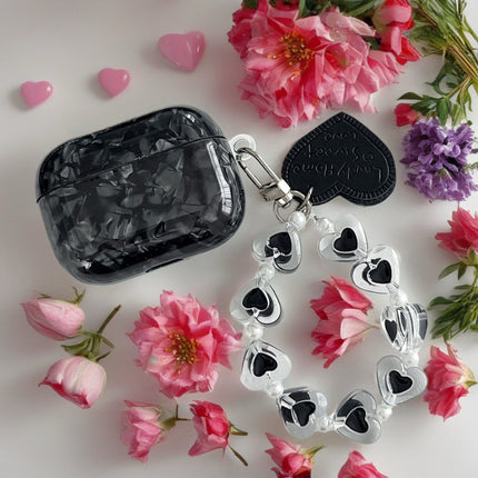 Black Obsidian Marble AirPods Case Glossy Protective Cover with Heart Charm Strap
