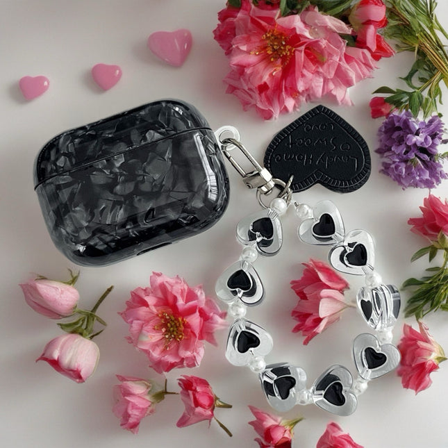 Black Obsidian Marble AirPods Case Glossy Protective Cover with Heart Charm Strap