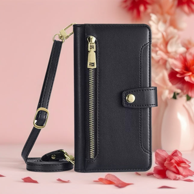 Minimal Leather Crossbody Phone Wallet Case | Zip Pocket, Card Slots & Shoulder Strap
