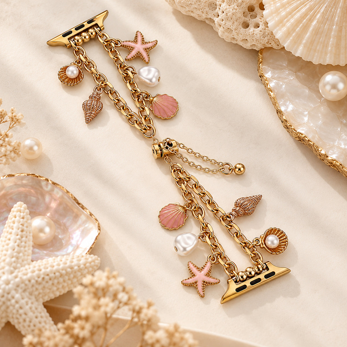 Mariselle ocean-inspired gold-tone watch band flat lay showing full length and connectors