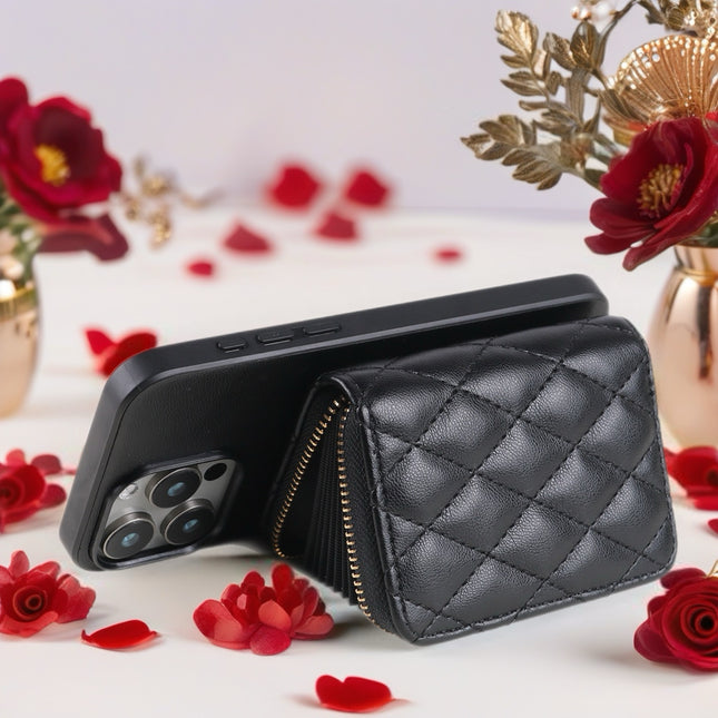 Quilted Leather Wallet Case for iPhone | Zipper Card Holder with Chain Crossbody Strap