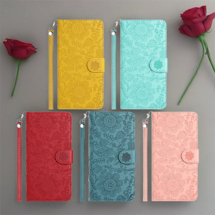 Scarlet Bloom Embossed Leather Wallet Phone Case Floral Snap Cover with Wrist Strap