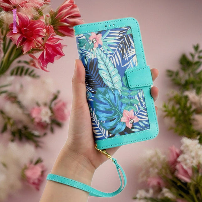 Tropical Tone Leather iPhone Wallet Case | Flip Cover with Card Slots & Wrist Strap
