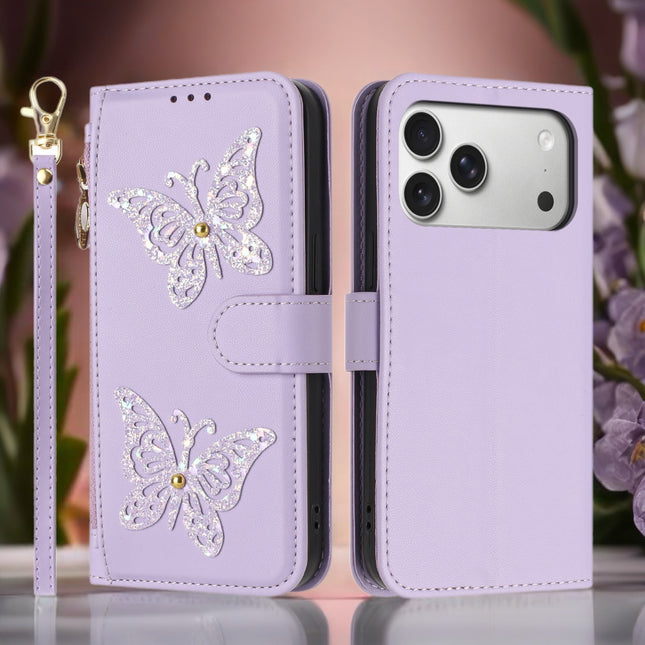 Butterfly Leather Wallet Case for iPhone | Zipper Pocket, Card Slots & Wrist Strap