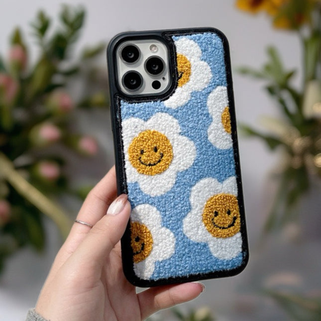 Smiley Daisy Tufted Fabric Case for iPhone | Cute Plush Protective Phone Cover