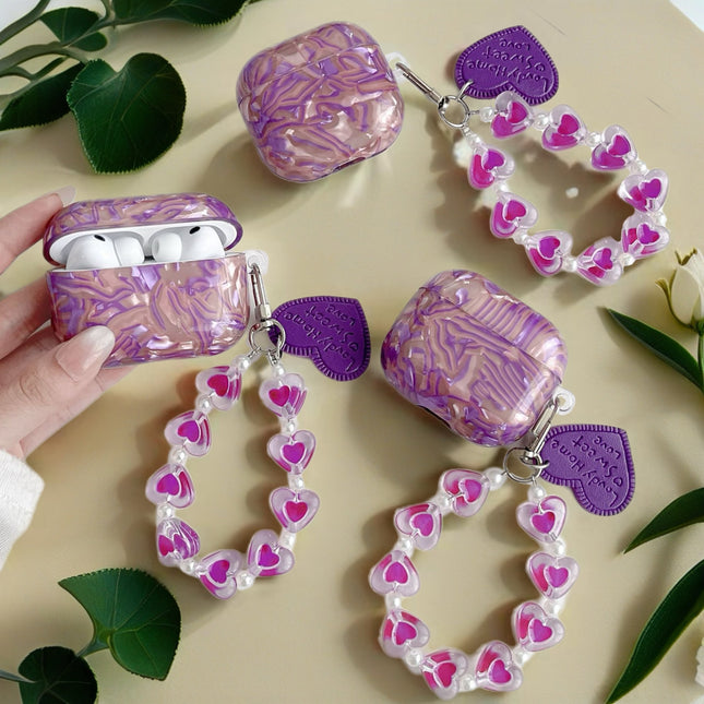 Purple Sapphire Marble AirPods Case Glossy Protective Cover with Heart Charm Strap