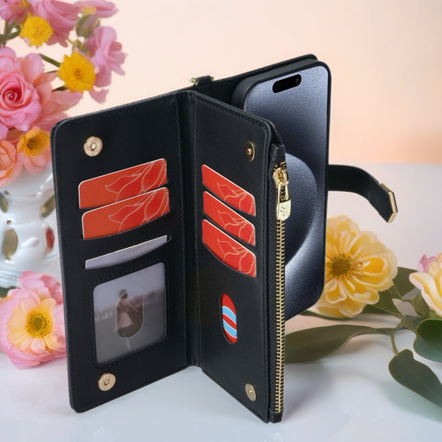 Monarch Luxe Zip Wallet iPhone Case Leather Card Holder with Chain Strap