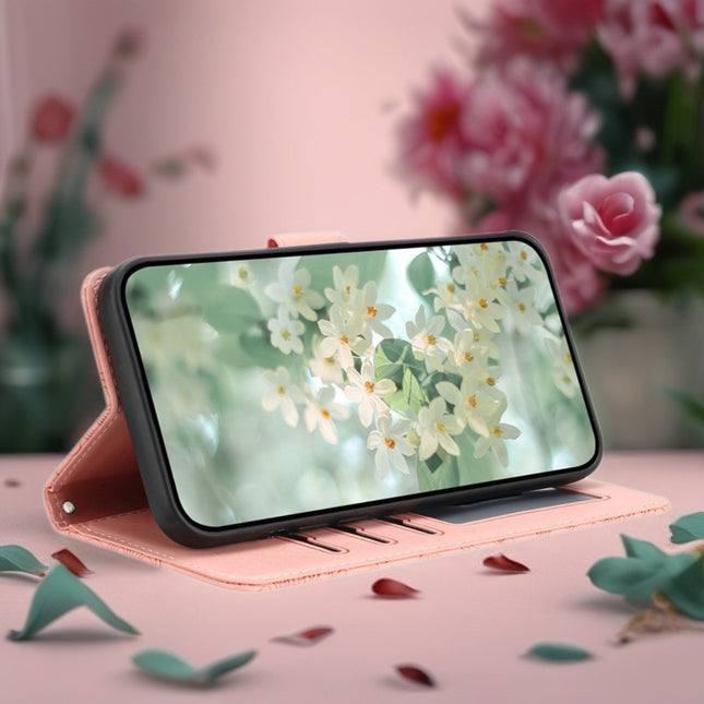 Scarlet Bloom Embossed Leather Wallet Phone Case Floral Snap Cover with Wrist Strap