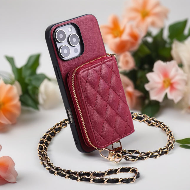 Quilted Leather Wallet Case for iPhone | Zipper Card Holder with Chain Crossbody Strap