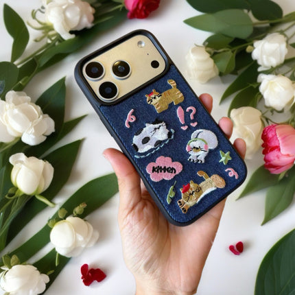 Kawaii Embroidered Cat Denim Case for iPhone | Protective Fabric Phone Cover
