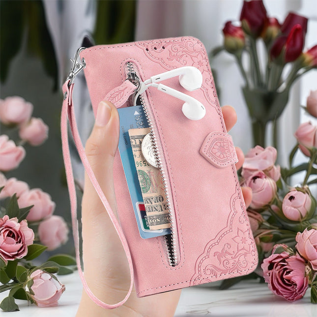 Botanical Embossed Wallet Case for Phone | Leather Flip Cover with Card Slots & Wrist Strap