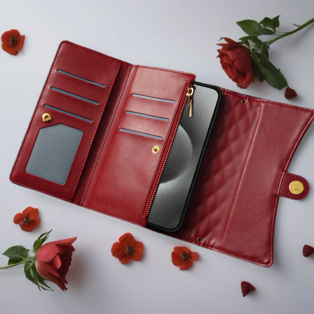 Quilted iPhone Wallet Case with Zip Pocket & Wrist Strap for Elegant Daily Carry