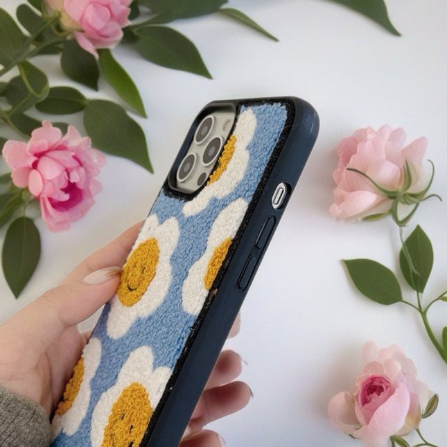 Smiley Daisy Tufted Fabric Case for iPhone | Cute Plush Protective Phone Cover