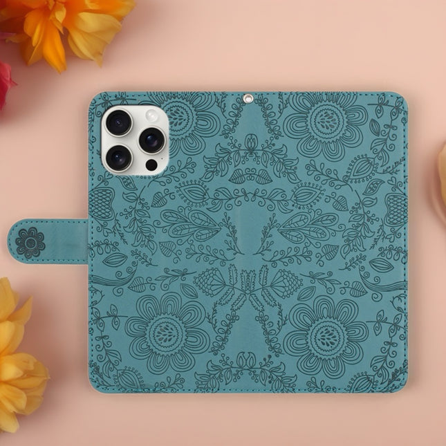 Scarlet Bloom Embossed Leather Wallet Phone Case Floral Snap Cover with Wrist Strap