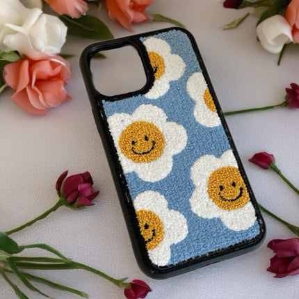 Smiley Daisy Tufted Fabric Case for iPhone | Cute Plush Protective Phone Cover