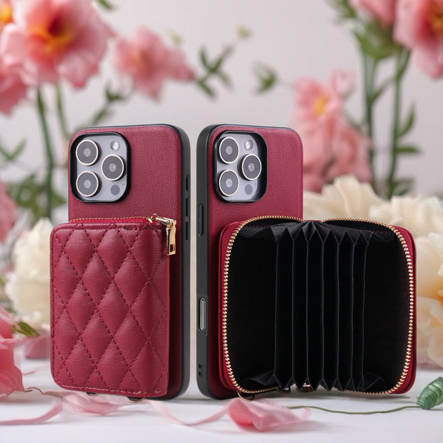 Quilted Leather Wallet Case for iPhone | Zipper Card Holder with Chain Crossbody Strap