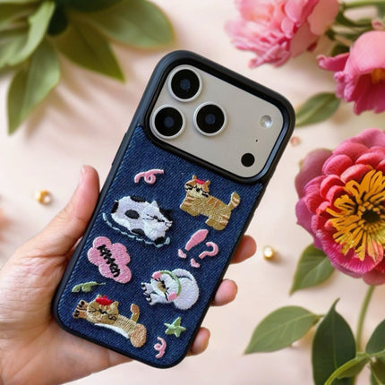 Kawaii Embroidered Cat Denim Case for iPhone | Protective Fabric Phone Cover