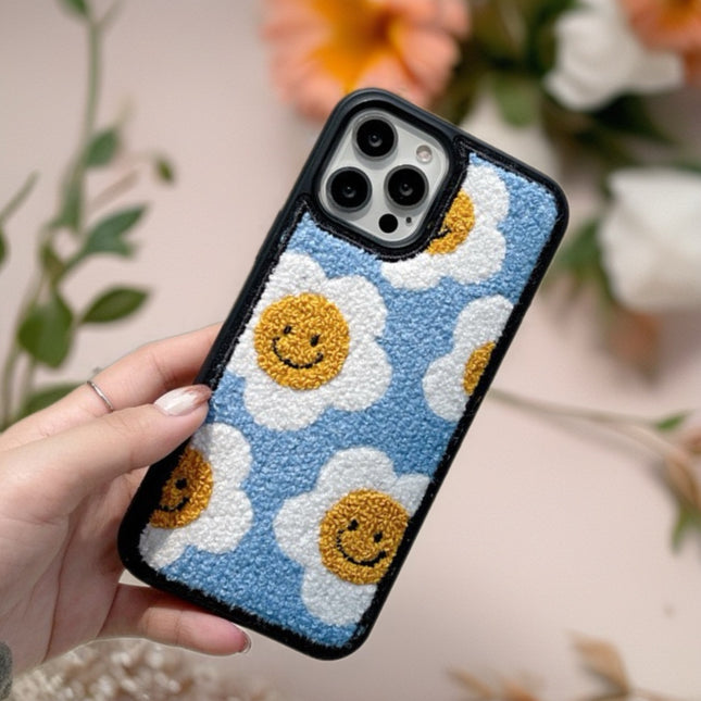 Smiley Daisy Tufted Fabric Case for iPhone | Cute Plush Protective Phone Cover
