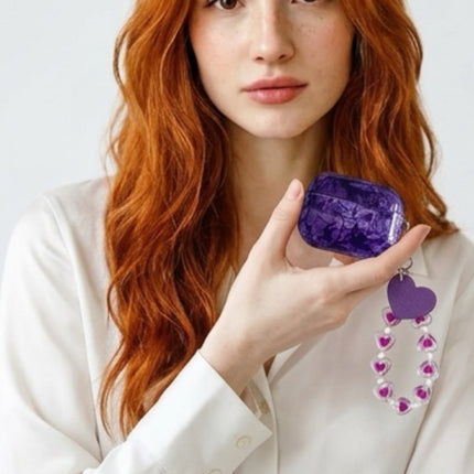 Amethyst Marble AirPods Case Glossy Protective Cover with Heart Charm Strap