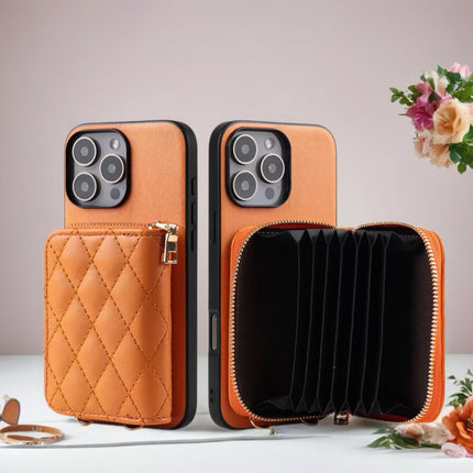 Quilted Leather Wallet Case for iPhone | Zipper Card Holder with Chain Crossbody Strap