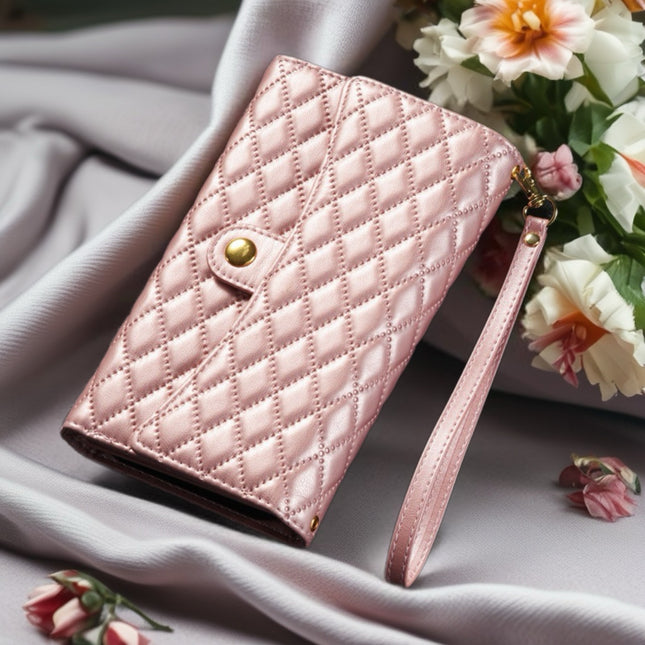 Quilted iPhone Wallet Case with Zip Pocket & Wrist Strap for Elegant Daily Carry
