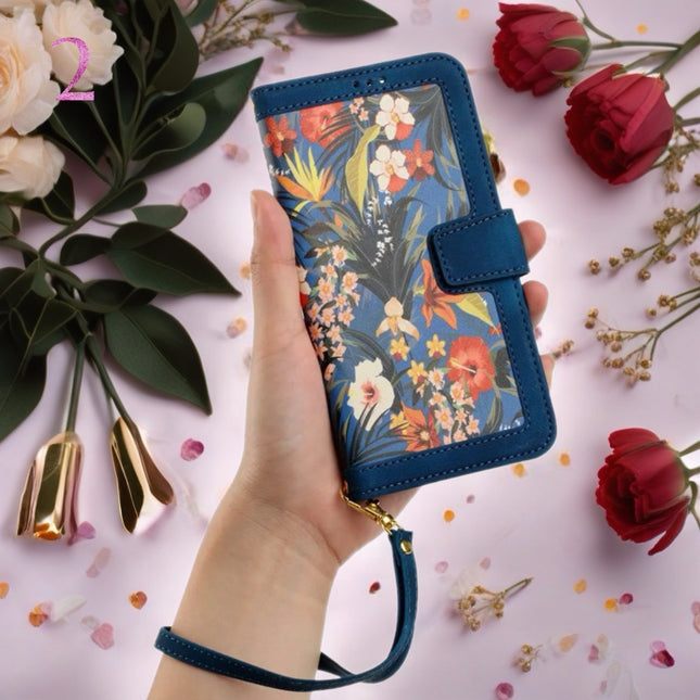 Tropical Tone Leather iPhone Wallet Case | Flip Cover with Card Slots & Wrist Strap