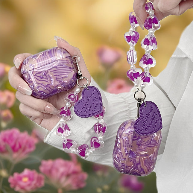 Purple Sapphire Marble AirPods Case Glossy Protective Cover with Heart Charm Strap