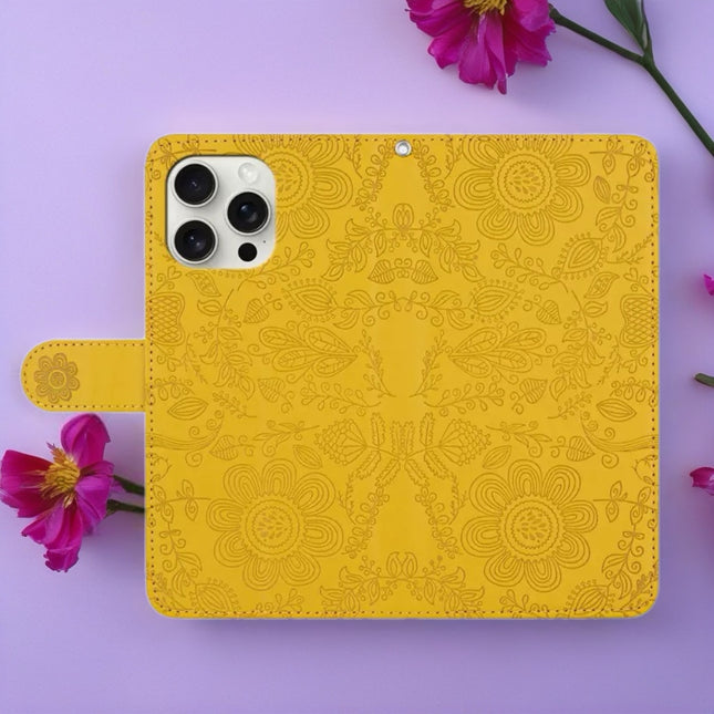 Scarlet Bloom Embossed Leather Wallet Phone Case Floral Snap Cover with Wrist Strap