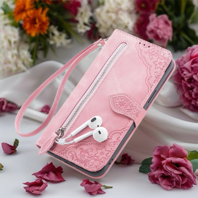 Botanical Embossed Wallet Case for Phone | Leather Flip Cover with Card Slots & Wrist Strap