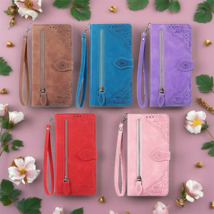 Botanical Embossed Wallet Case for Phone | Leather Flip Cover with Card Slots & Wrist Strap