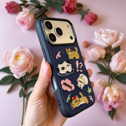 Kawaii Embroidered Cat Denim Case for iPhone | Protective Fabric Phone Cover