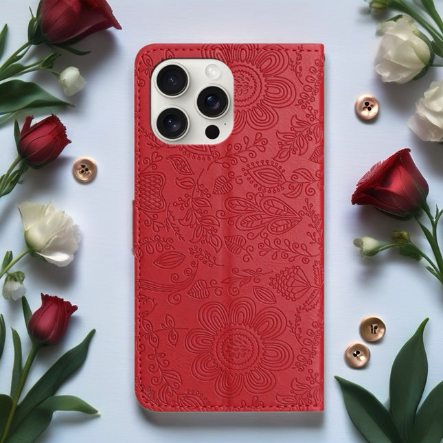 Scarlet Bloom Embossed Leather Wallet Phone Case Floral Snap Cover with Wrist Strap
