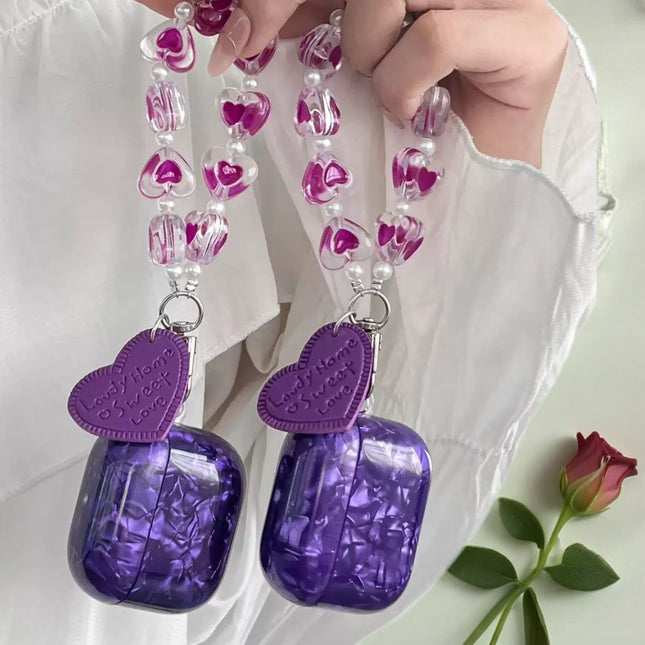 Amethyst Marble AirPods Case Glossy Protective Cover with Heart Charm Strap