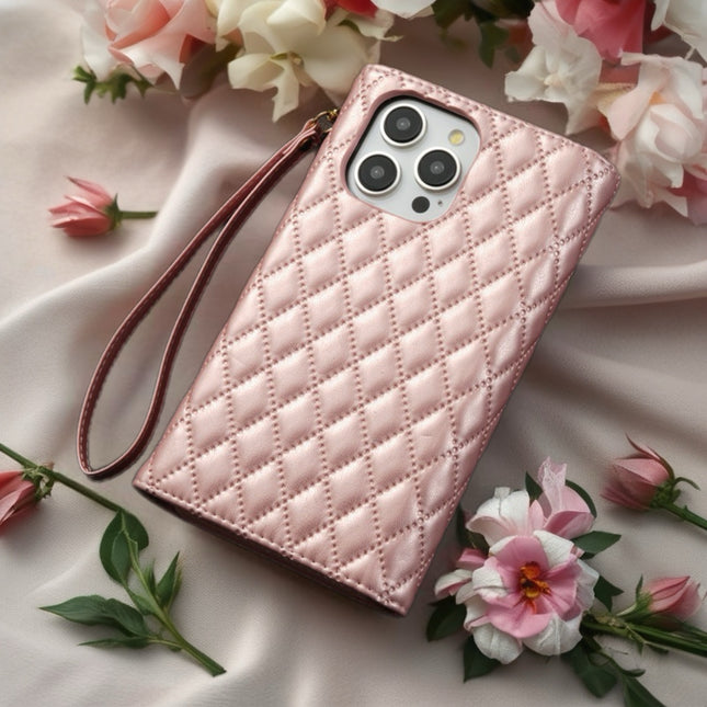 Quilted iPhone Wallet Case with Zip Pocket & Wrist Strap for Elegant Daily Carry