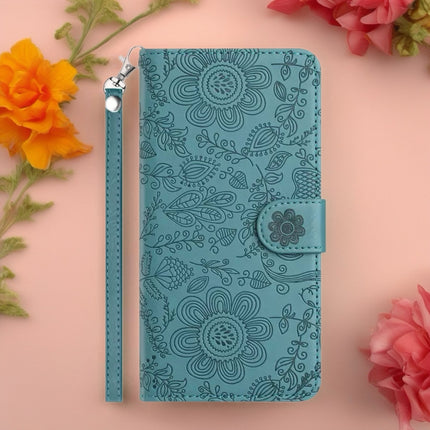 Scarlet Bloom Embossed Leather Wallet Phone Case Floral Snap Cover with Wrist Strap