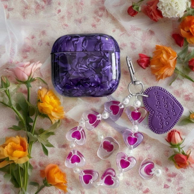 Amethyst Marble AirPods Case Glossy Protective Cover with Heart Charm Strap
