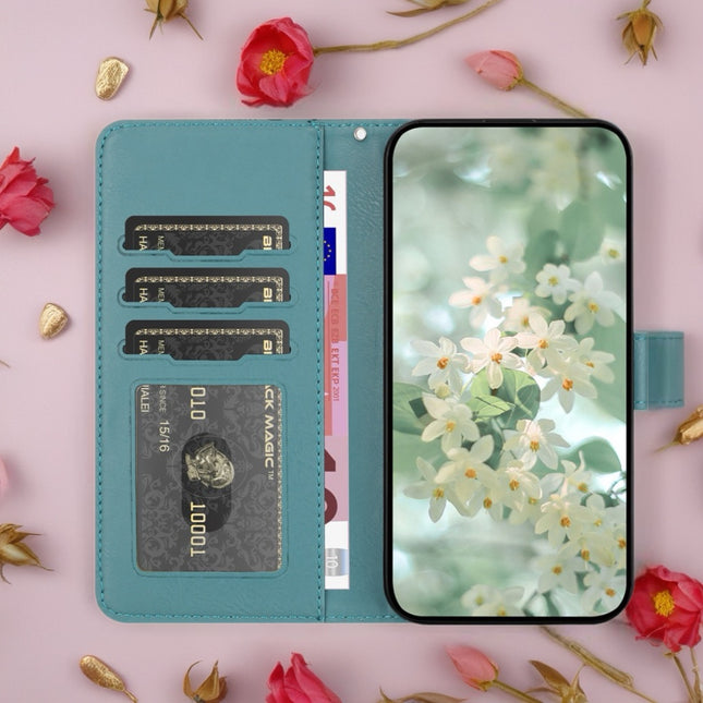 Scarlet Bloom Embossed Leather Wallet Phone Case Floral Snap Cover with Wrist Strap