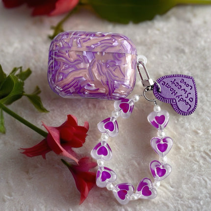 Purple Sapphire Marble AirPods Case Glossy Protective Cover with Heart Charm Strap