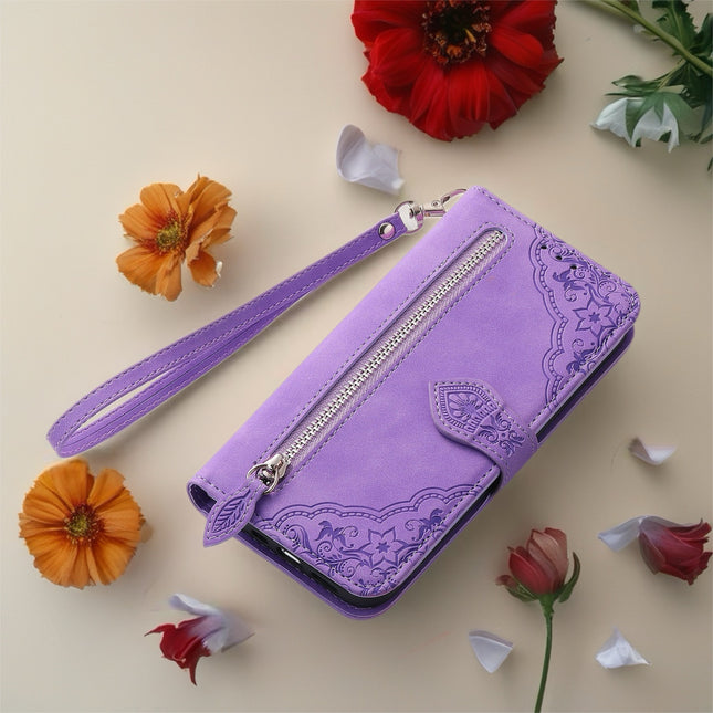 Botanical Embossed Wallet Case for Phone | Leather Flip Cover with Card Slots & Wrist Strap