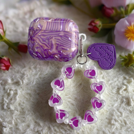 Purple Sapphire Marble AirPods Case Glossy Protective Cover with Heart Charm Strap
