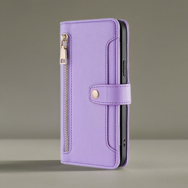 Minimal Leather Crossbody Phone Wallet Case | Zip Pocket, Card Slots & Shoulder Strap