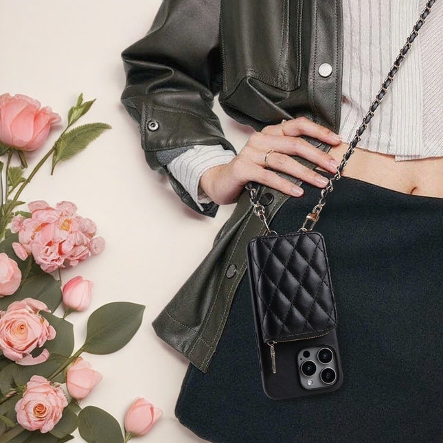 Quilted Leather Wallet Case for iPhone | Zipper Card Holder with Chain Crossbody Strap